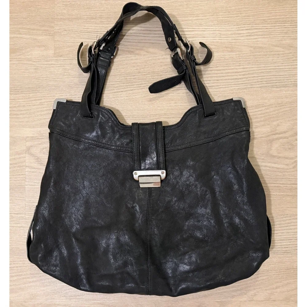 Vintage Kooba Natasha Leather Convertible Tote Hobo Bag Black Y2K Buckle Straps
